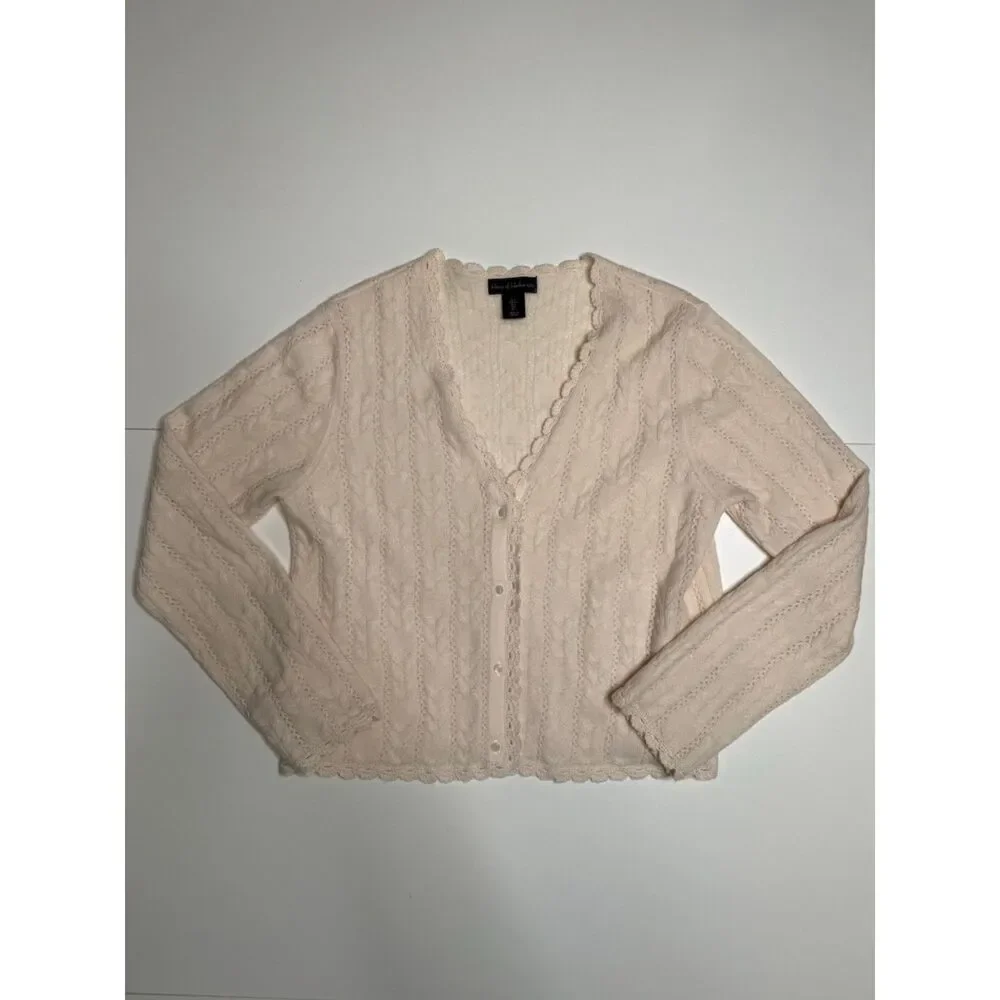 House of Harlow 1960 Women L Cashmere Cable Knit Cardigan Ivory Crochet Trim